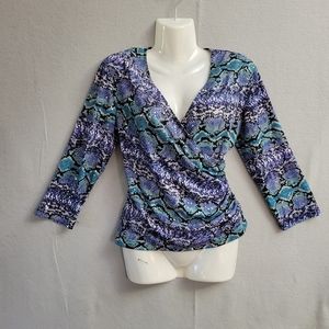 80s MSK Stretch Wrap Top Flat Sequins Snakeskin Blue Purple Deep V Cross over M